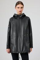 Cindy Kadın Siyah Kapüşonlu Deri Kaban | Derimod