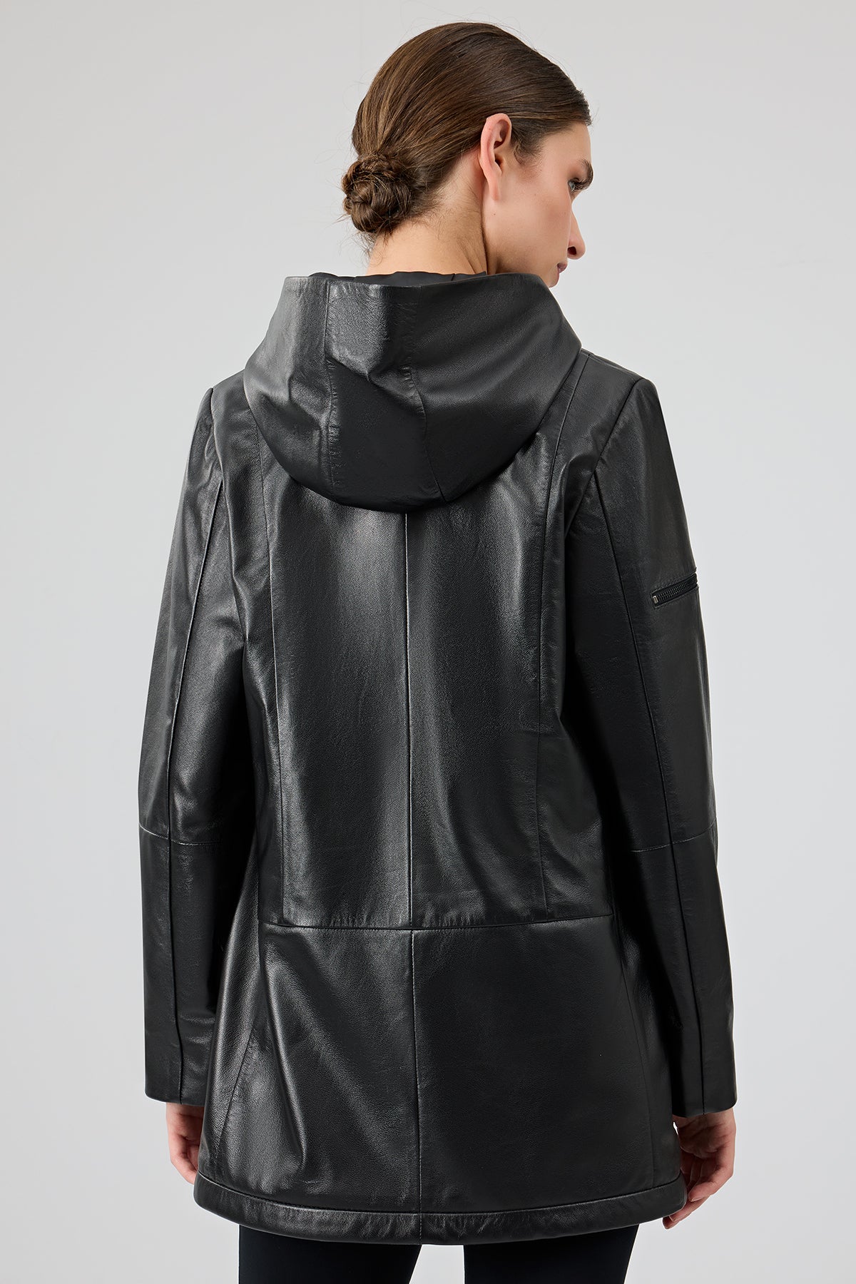 Cindy Kadın Siyah Kapüşonlu Deri Kaban