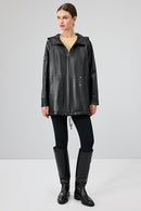 Cindy Kadın Siyah Kapüşonlu Deri Kaban | Derimod