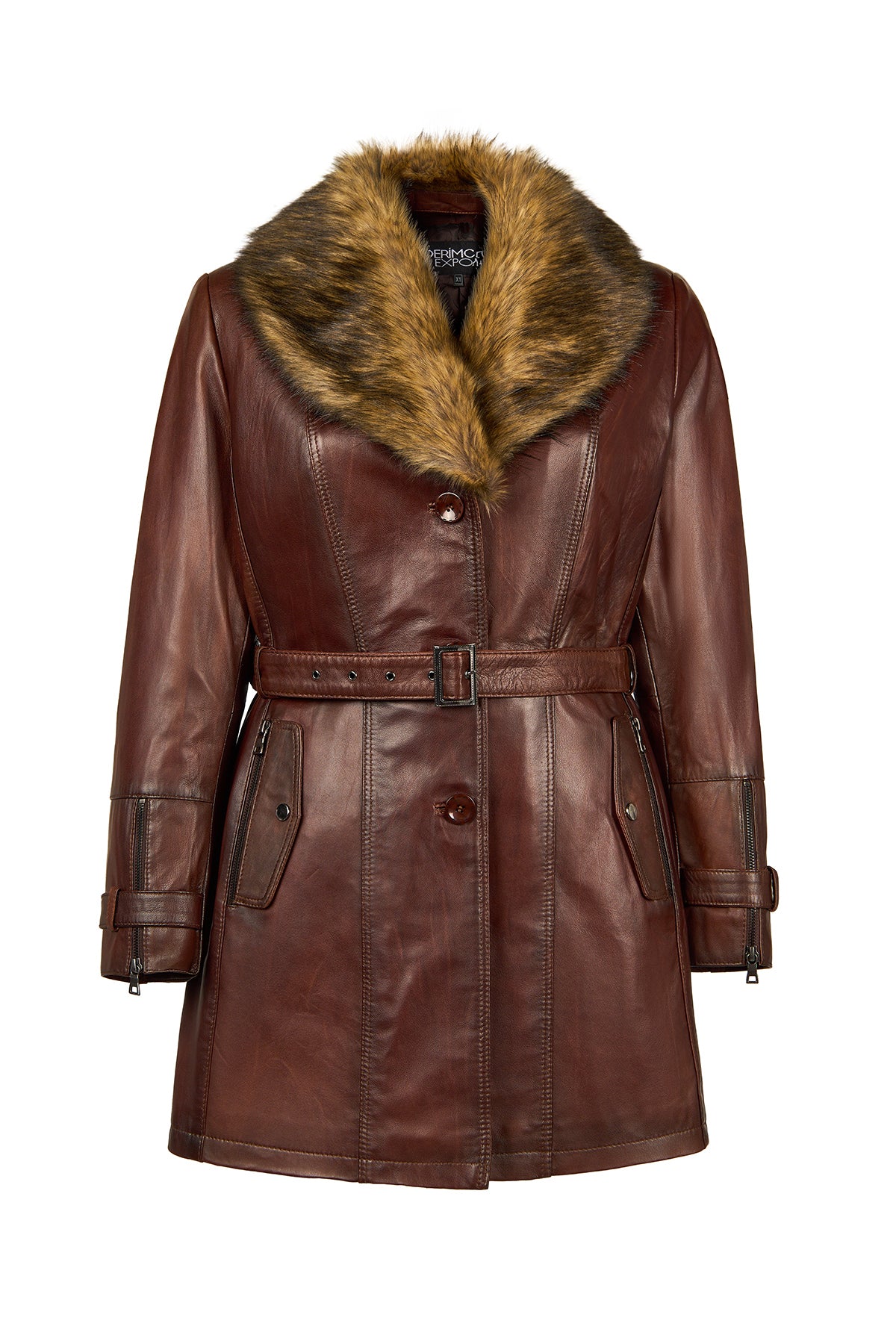 Rhoda(Plus) Kadın Kahverengi Geniş Kalıp Yaka Kürklü Deri Kaban 25WGE5293NC | Derimod