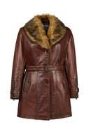 Rhoda(Plus) Kadın Kahverengi Geniş Kalıp Yaka Kürklü Deri Kaban | Derimod