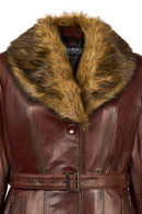 Rhoda(Plus) Kadın Kahverengi Geniş Kalıp Yaka Kürklü Deri Kaban | Derimod