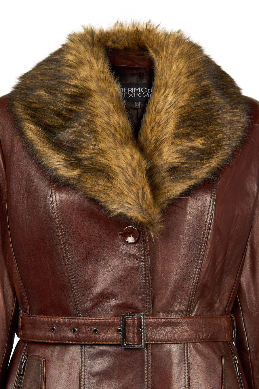 Rhoda(Plus) Woman Brown Loose-Fit Fur-Collar Leather Coat