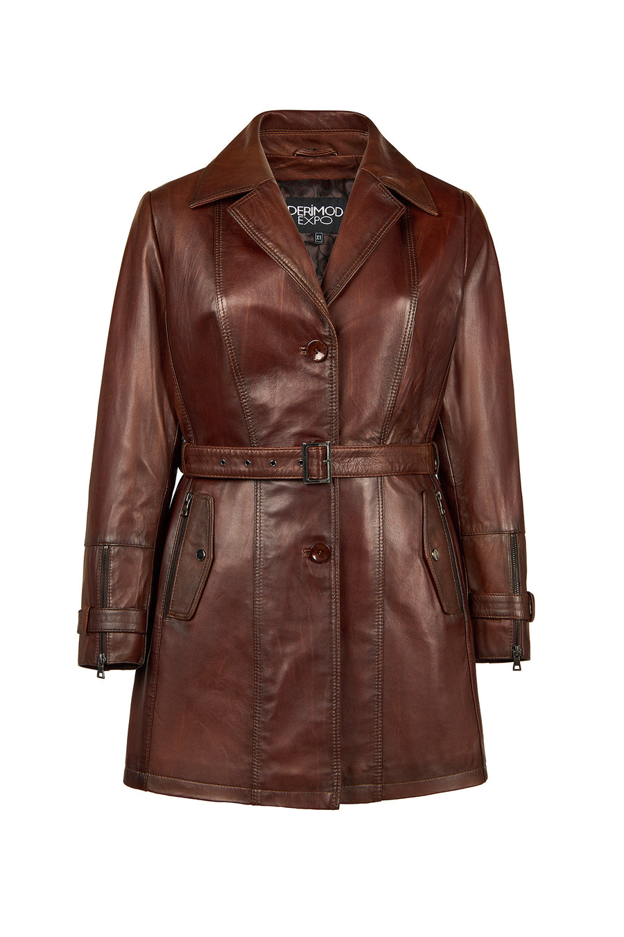 Rhoda(Plus) Woman Brown Loose-Fit Fur-Collar Leather Coat