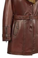 Rhoda(Plus) Kadın Kahverengi Geniş Kalıp Yaka Kürklü Deri Kaban | Derimod