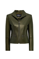 Amy Women's Green Lapel Leather Jacket | Derimod