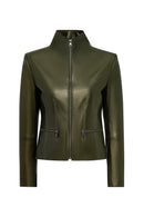 Amy Women's Green Lapel Leather Jacket | Derimod
