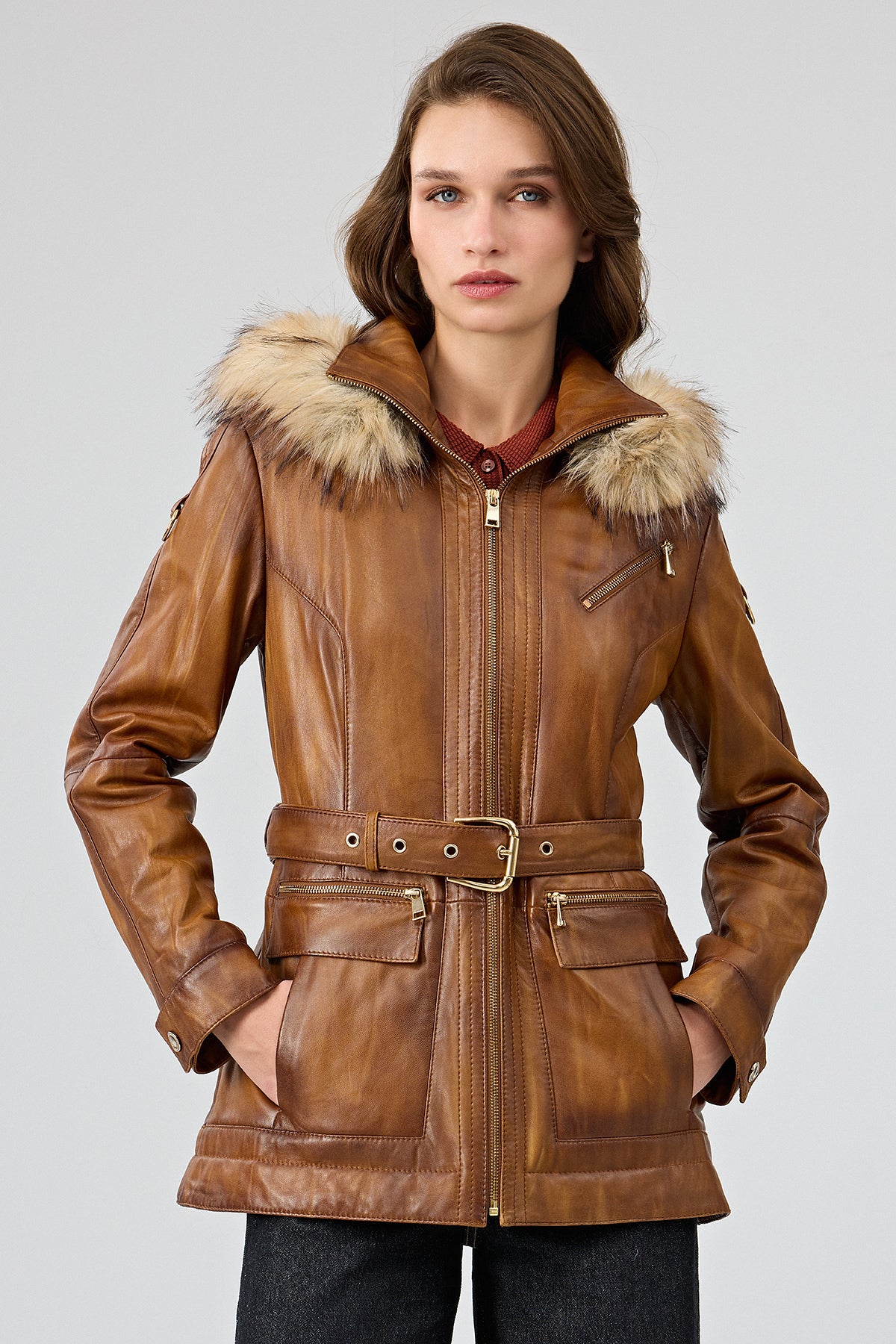 Donatella Kadın Camel Kemerli Kapüşonlu Deri Kaban 25WGE5326NC | Derimod