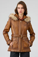 Donatella Kadın Camel Kemerli Kapüşonlu Deri Kaban | Derimod