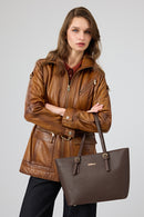 Donatella Kadın Camel Kemerli Kapüşonlu Deri Kaban | Derimod