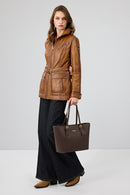 Donatella Kadın Camel Kemerli Kapüşonlu Deri Kaban | Derimod