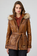 Donatella Kadın Camel Kemerli Kapüşonlu Deri Kaban | Derimod