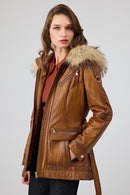 Donatella Kadın Camel Kemerli Kapüşonlu Deri Kaban | Derimod