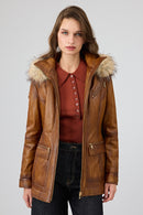 Donatella Kadın Camel Kemerli Kapüşonlu Deri Kaban | Derimod