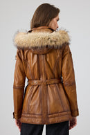 Donatella Kadın Camel Kemerli Kapüşonlu Deri Kaban | Derimod