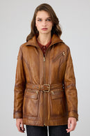 Donatella Kadın Camel Kemerli Kapüşonlu Deri Kaban | Derimod