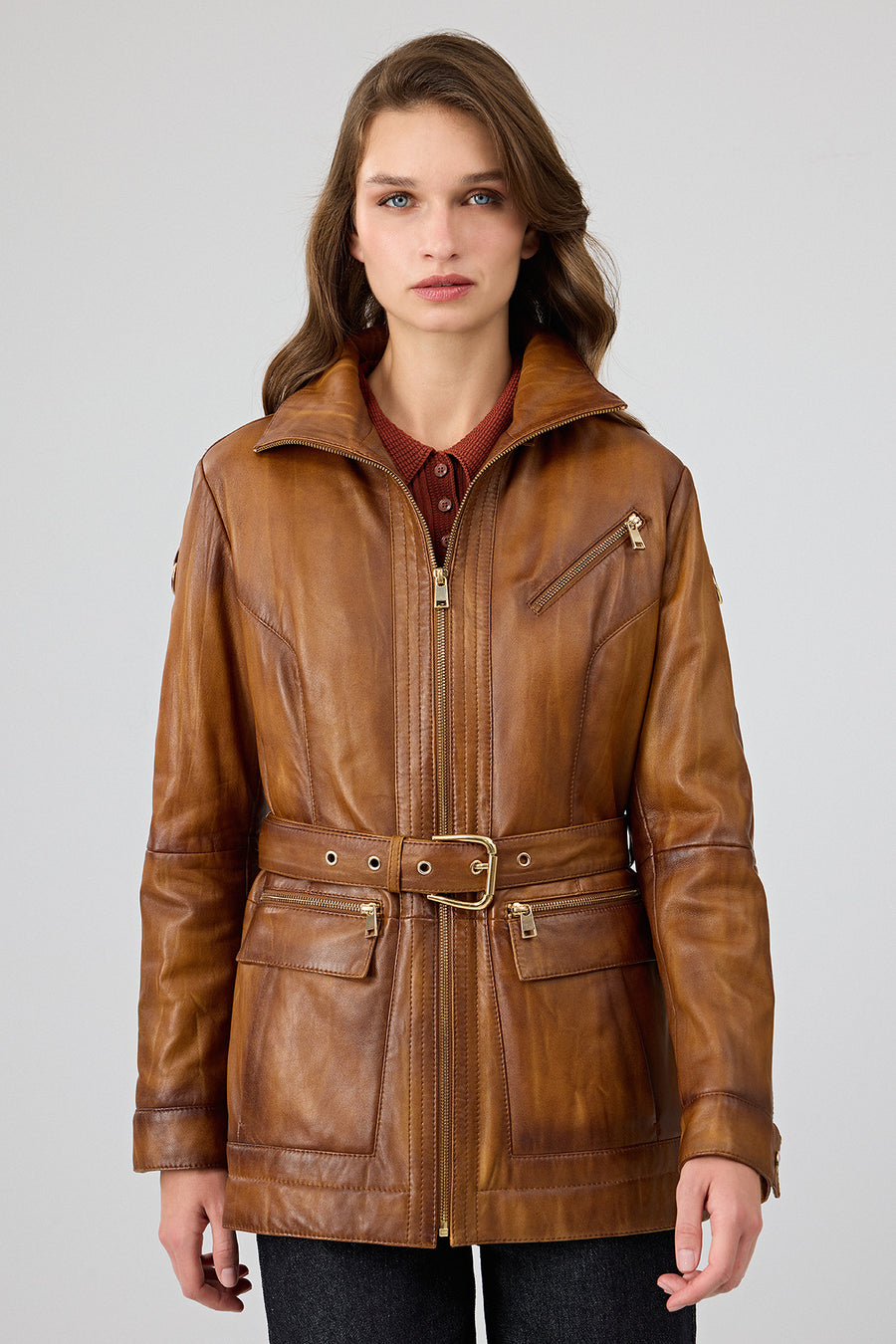 Donatella Kadın Camel Kemerli Kapüşonlu Deri Kaban