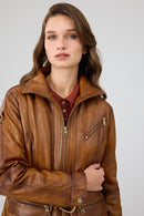 Donatella Kadın Camel Kemerli Kapüşonlu Deri Kaban | Derimod