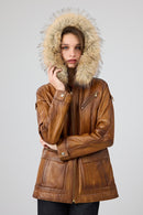 Donatella Kadın Camel Kemerli Kapüşonlu Deri Kaban | Derimod