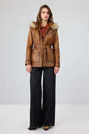 Donatella Kadın Camel Kemerli Kapüşonlu Deri Kaban | Derimod