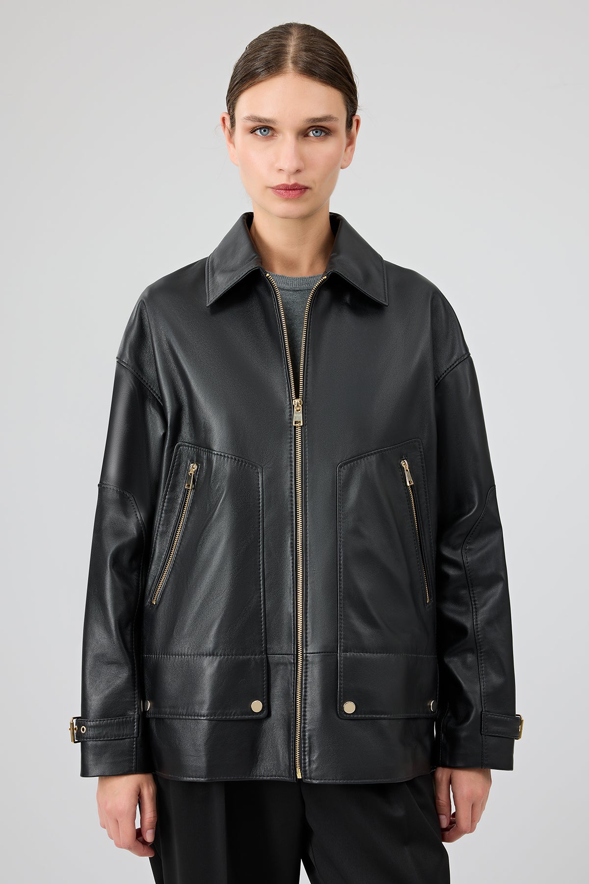 Rosalin Kadın Siyah Gömlek Yaka Oversize Deri Mont