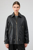 Rosalin Kadın Siyah Gömlek Yaka Oversize Deri Mont | Derimod