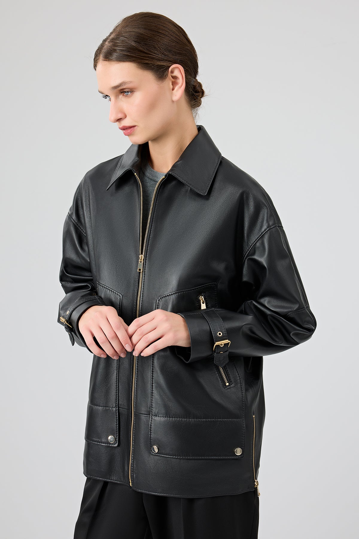 Rosalin Kadın Siyah Gömlek Yaka Oversize Deri Mont