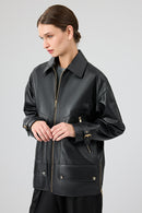 Rosalin Kadın Siyah Gömlek Yaka Oversize Deri Mont | Derimod