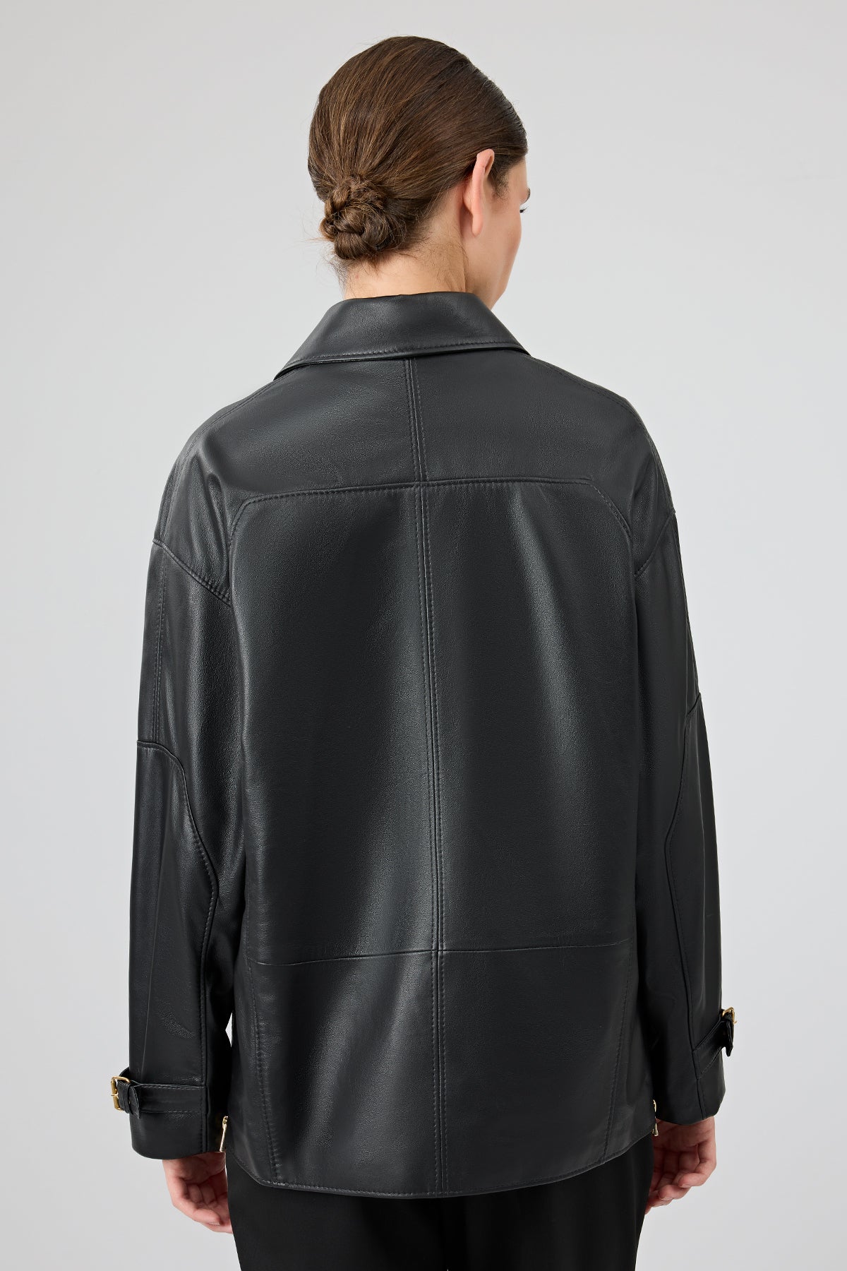 Rosalin Kadın Siyah Gömlek Yaka Oversize Deri Mont