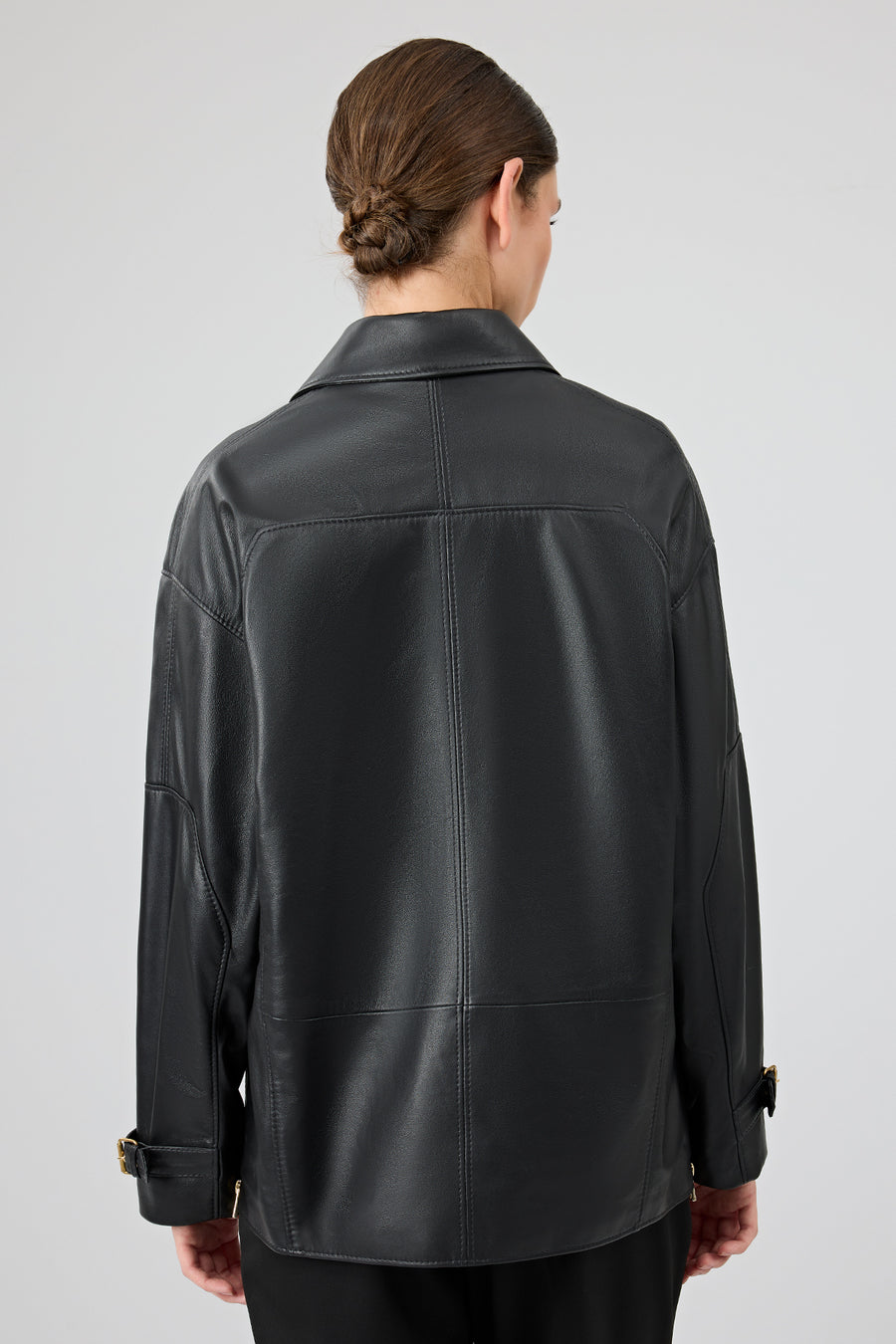 Rosalin Women's Black Shirt Collar Oversize Leather Jacket