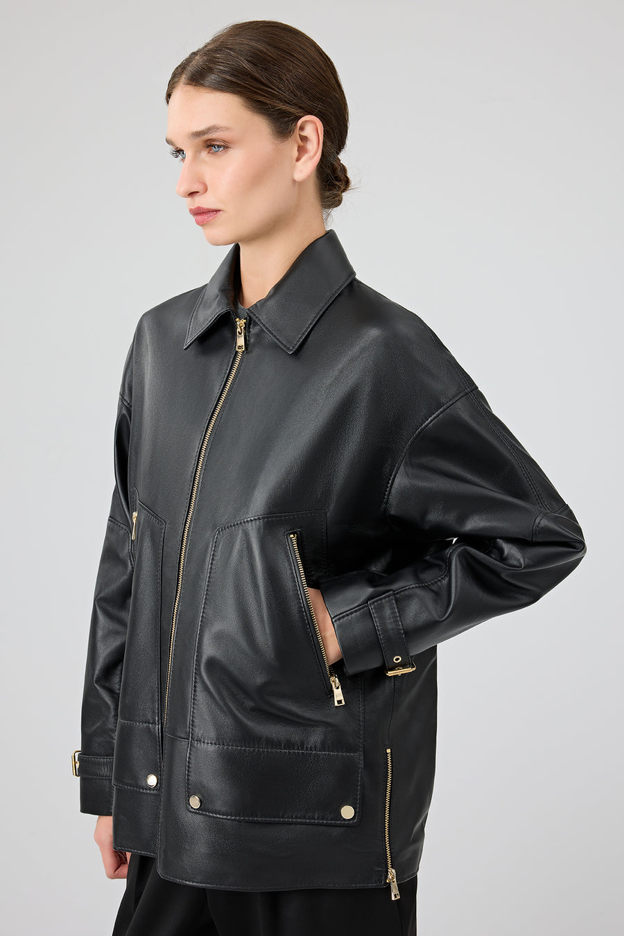 Rosalin Women's Black Shirt Collar Oversize Leather Jacket