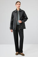 Rosalin Kadın Siyah Gömlek Yaka Oversize Deri Mont | Derimod