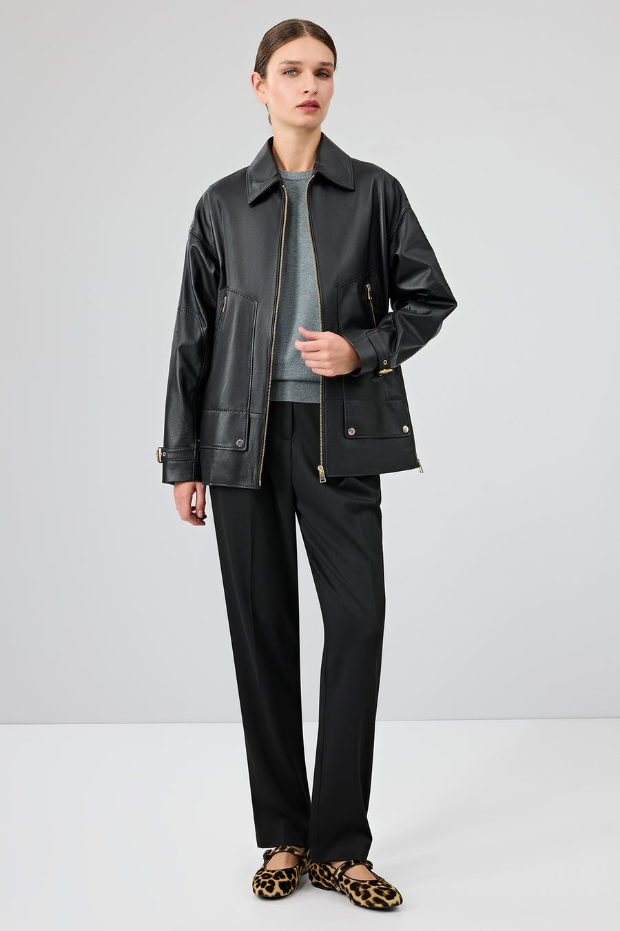 Rosalin Women's Black Shirt Collar Oversize Leather Jacket