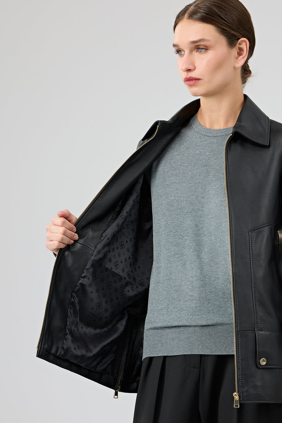 Rosalin Women's Black Shirt Collar Oversize Leather Jacket