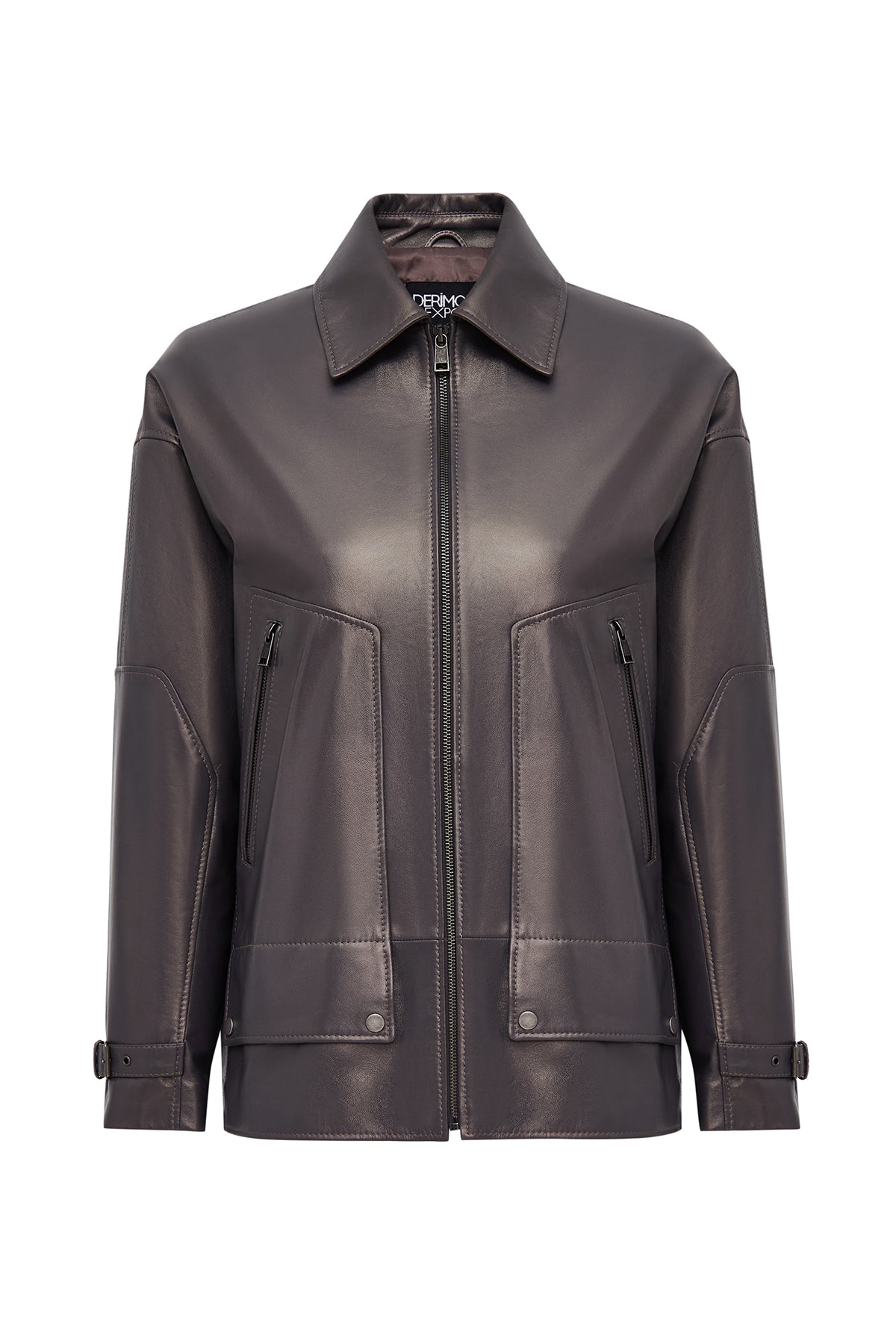 Rosalin Kadın Gri Gömlek Yaka Oversize Deri Mont