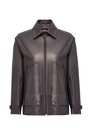 Rosalin Kadın Gri Gömlek Yaka Oversize Deri Mont | Derimod