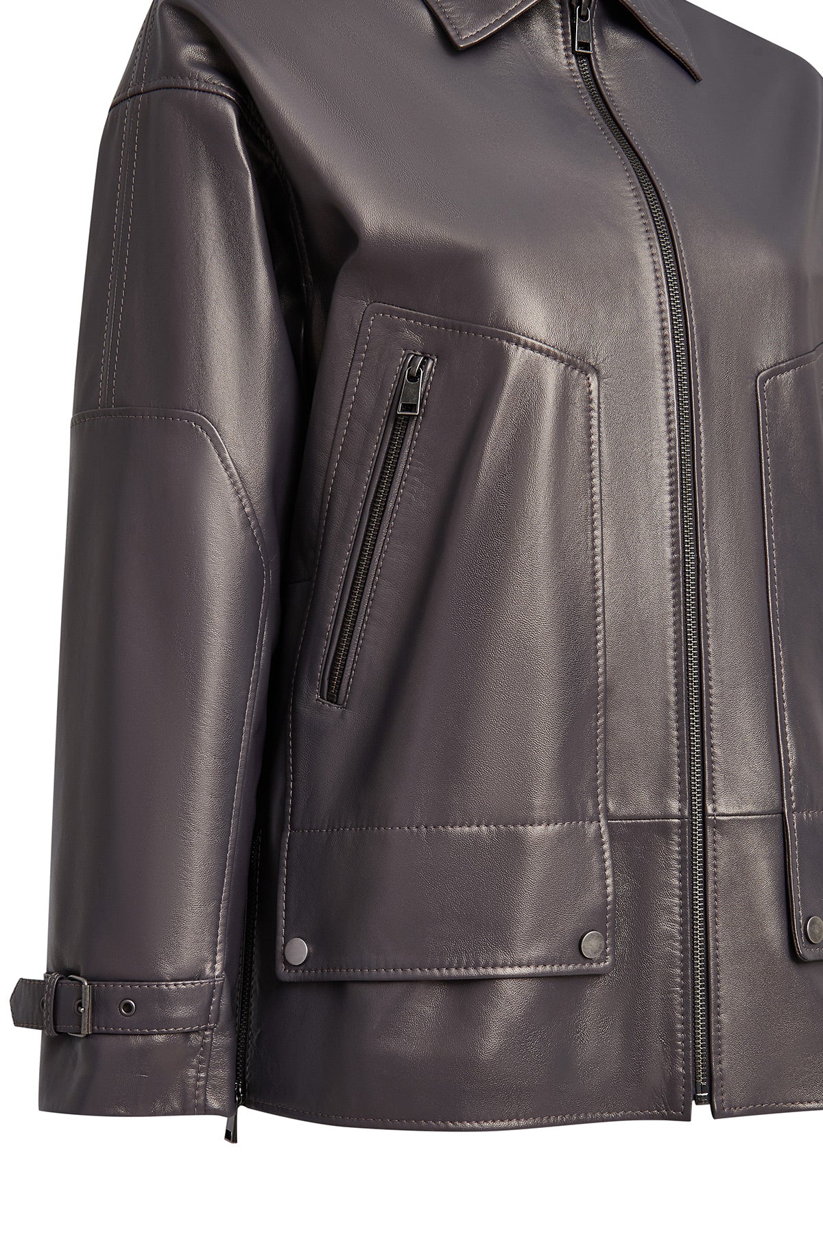 Rosalin Kadın Gri Gömlek Yaka Oversize Deri Mont