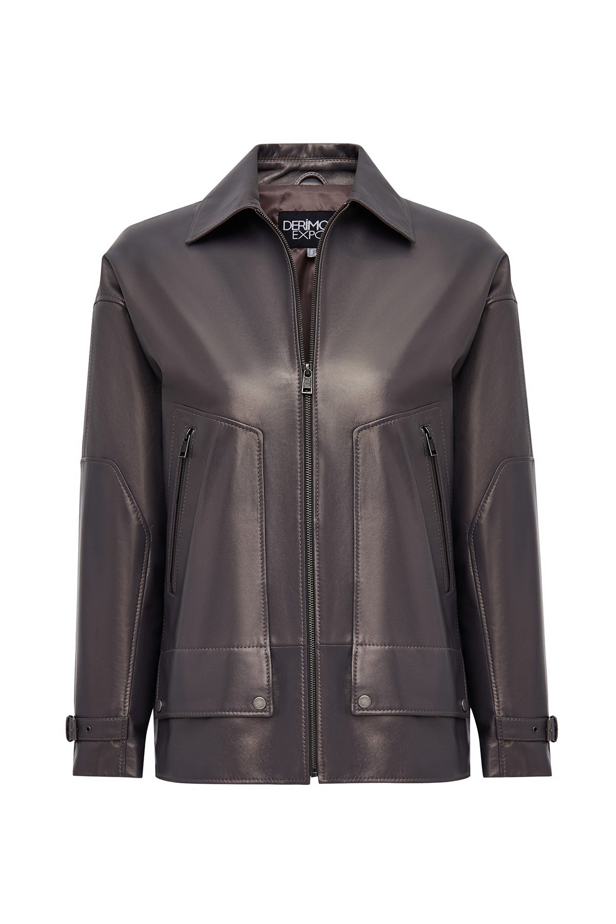 Rosalin Kadın Gri Gömlek Yaka Oversize Deri Mont