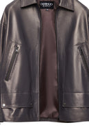 Rosalin Kadın Gri Gömlek Yaka Oversize Deri Mont | Derimod