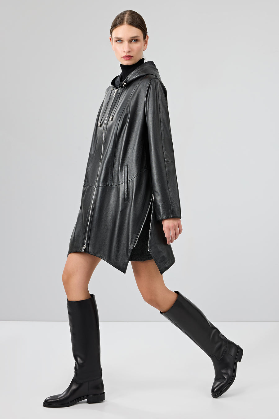 Daniela Women's Black Hooded Oversize Leather Coat