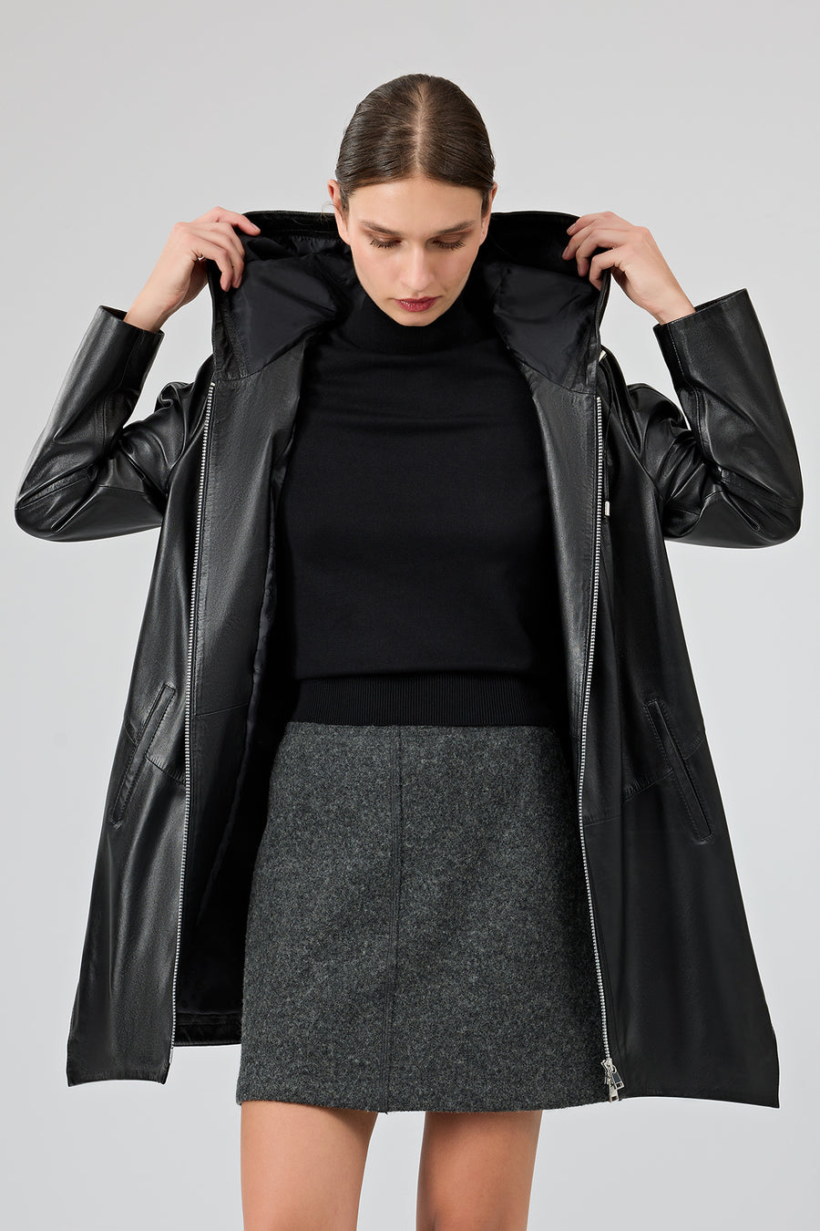 Daniela Women's Black Hooded Oversize Leather Coat