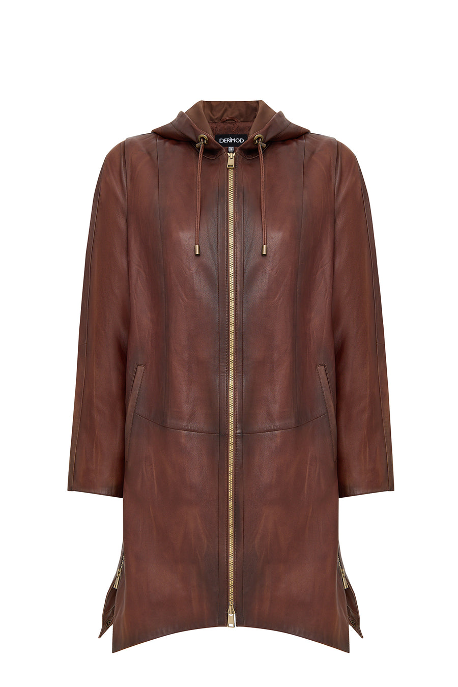 Daniela Women's Brown Hooded Long Oversize Leather Coat 25WGE5328NC | Derimod