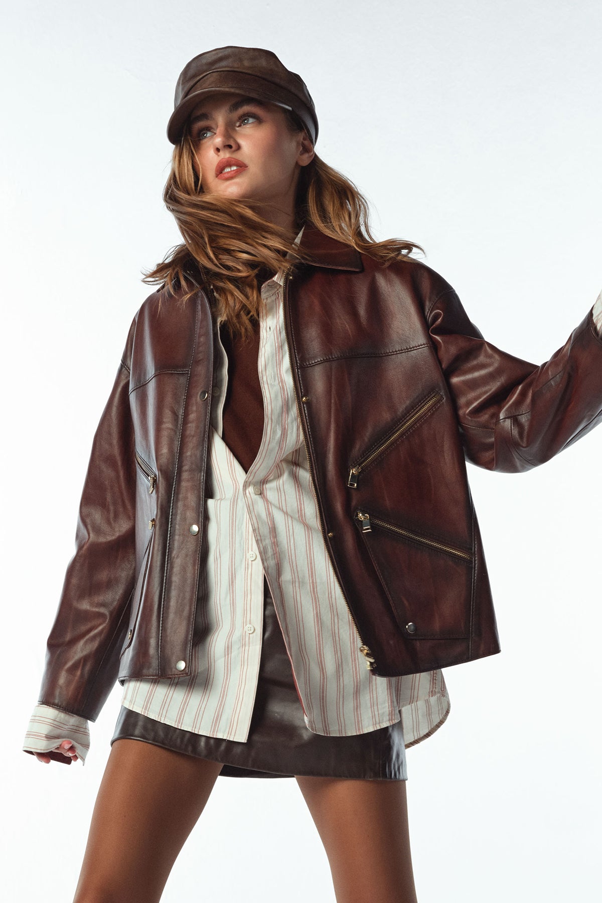 Claris Women's Brown Shirt Collar Oversize Leather Jacket 25WGE5332NC | Derimod