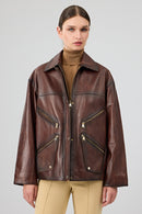 Claris Women's Brown Shirt Collar Oversize Leather Jacket | Derimod