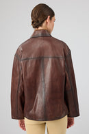 Claris Women's Brown Shirt Collar Oversize Leather Jacket | Derimod