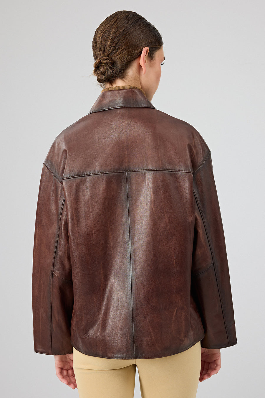 Claris Women's Brown Shirt Collar Oversize Leather Jacket