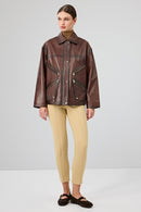 Claris Women's Brown Shirt Collar Oversize Leather Jacket | Derimod