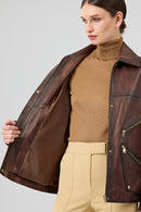 Claris Women's Brown Shirt Collar Oversize Leather Jacket | Derimod