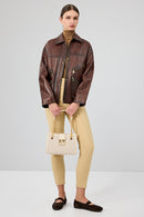 Claris Women's Brown Shirt Collar Oversize Leather Jacket | Derimod