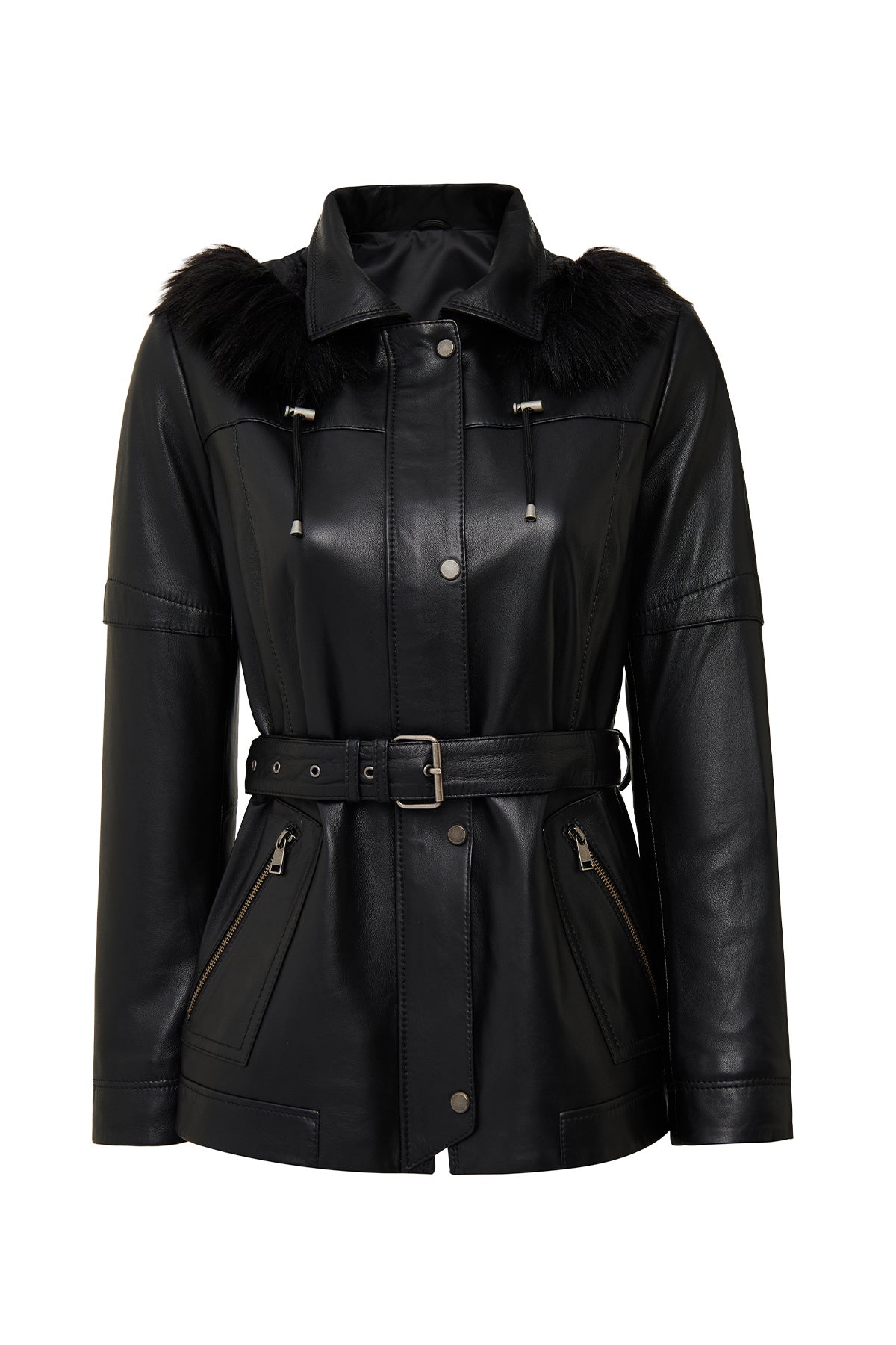 Hillary Kadın Siyah Yaka Kürklü Kapüşonlu Deri Mont
